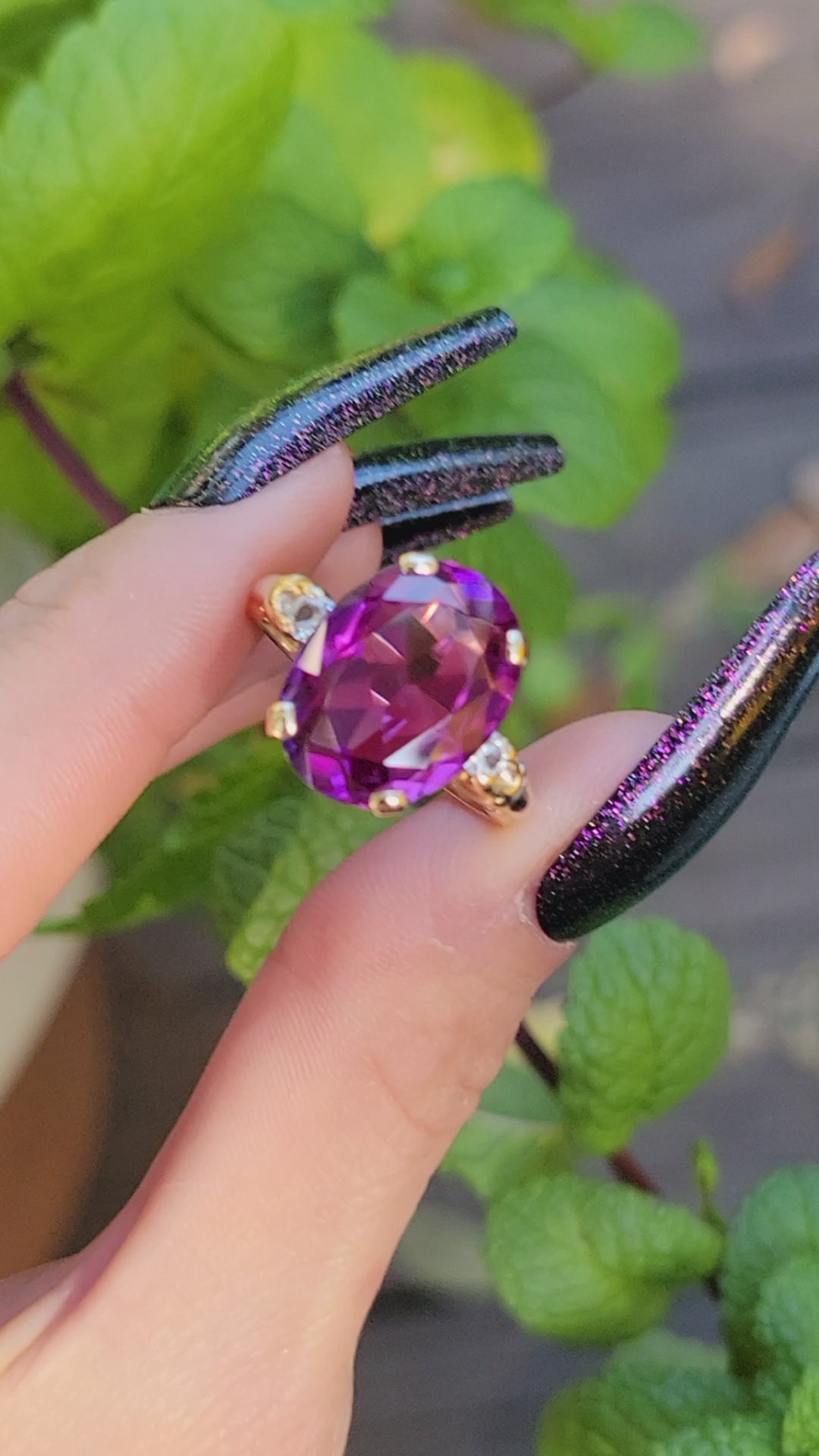 I don't know about you, but sometimes I just can't decide what color to choose. This beautiful simulated sapphire understands. You'll see color changes from deep purple to fuchsia.  If that wasn't enough color for you, the center stone is flanked by blue topaz side stones. No matter what color mood you're in, this shifty ring has got you covered. Don't miss it!