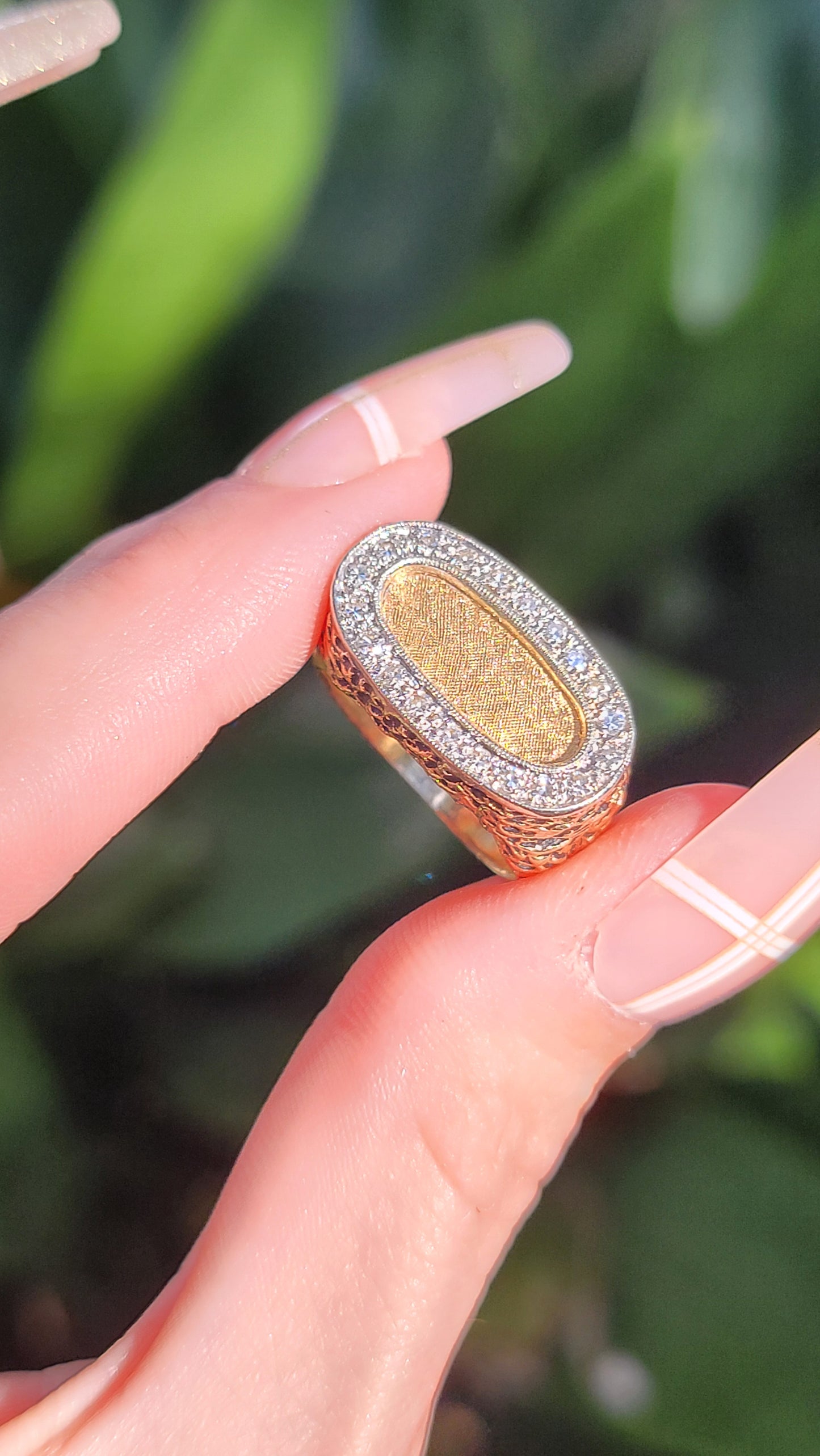 14k Wide Textured Diamond Signet Ring
