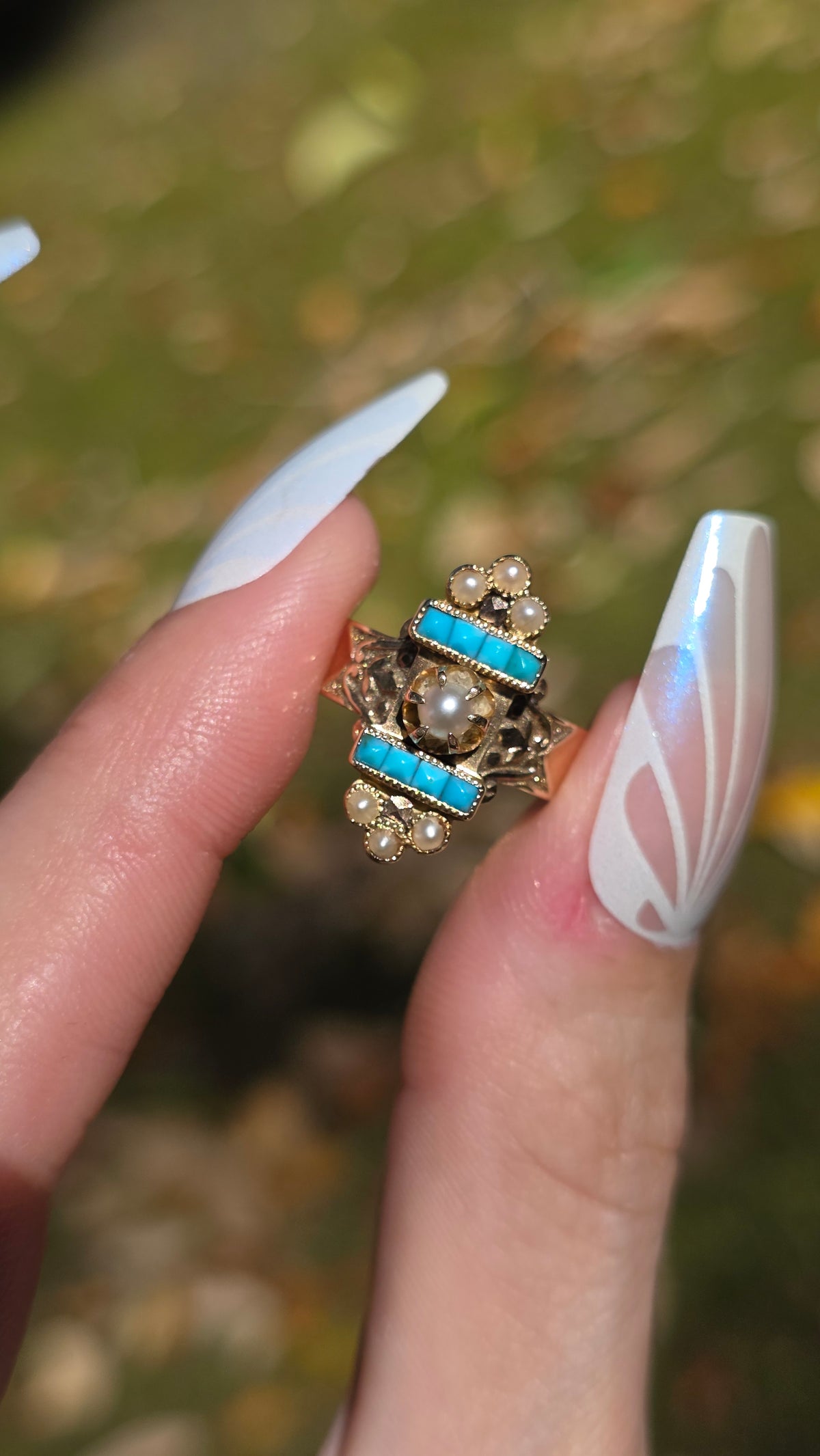 14k Victorian Turquoise and Pearl Ring