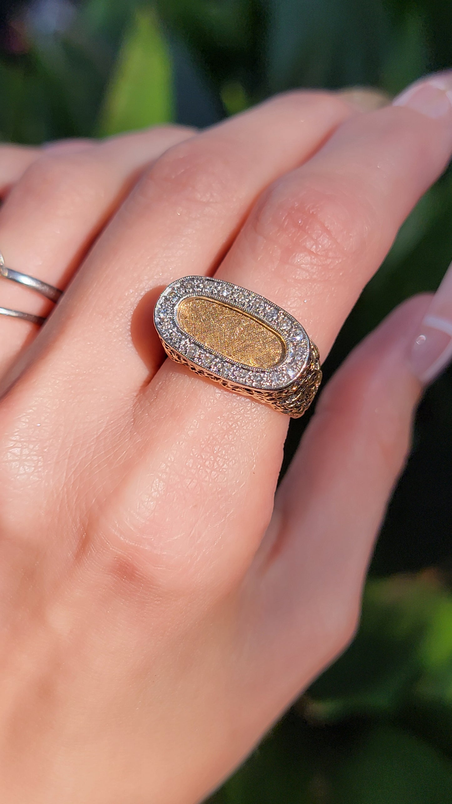 14k Wide Textured Diamond Signet Ring