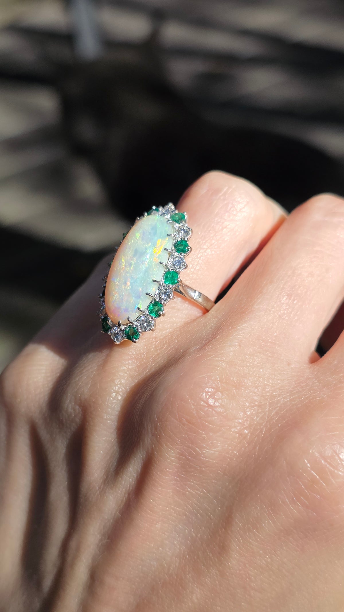 14k Opal and Emerald Halo Ring