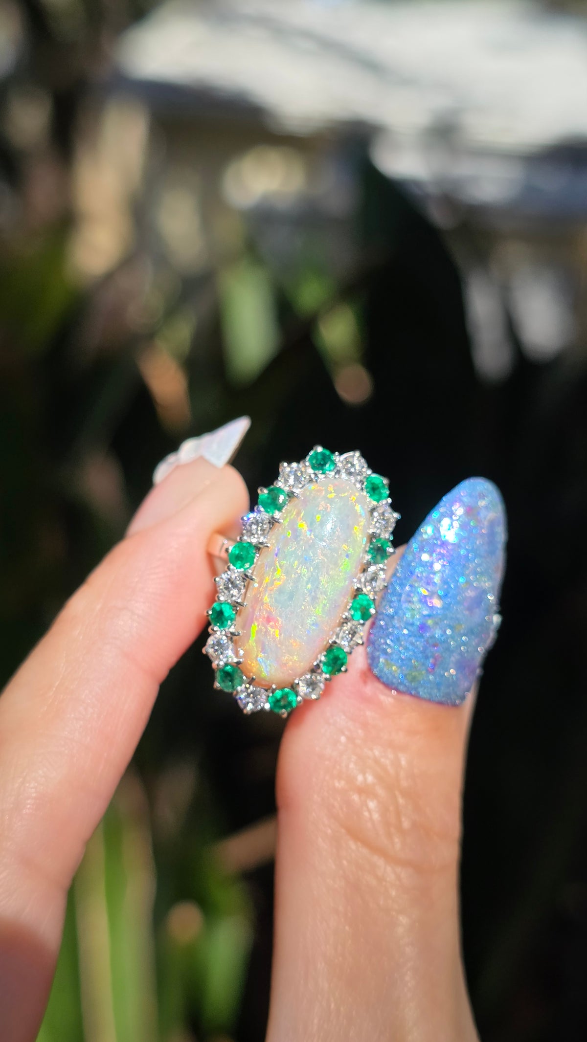 14k Opal and Emerald Halo Ring