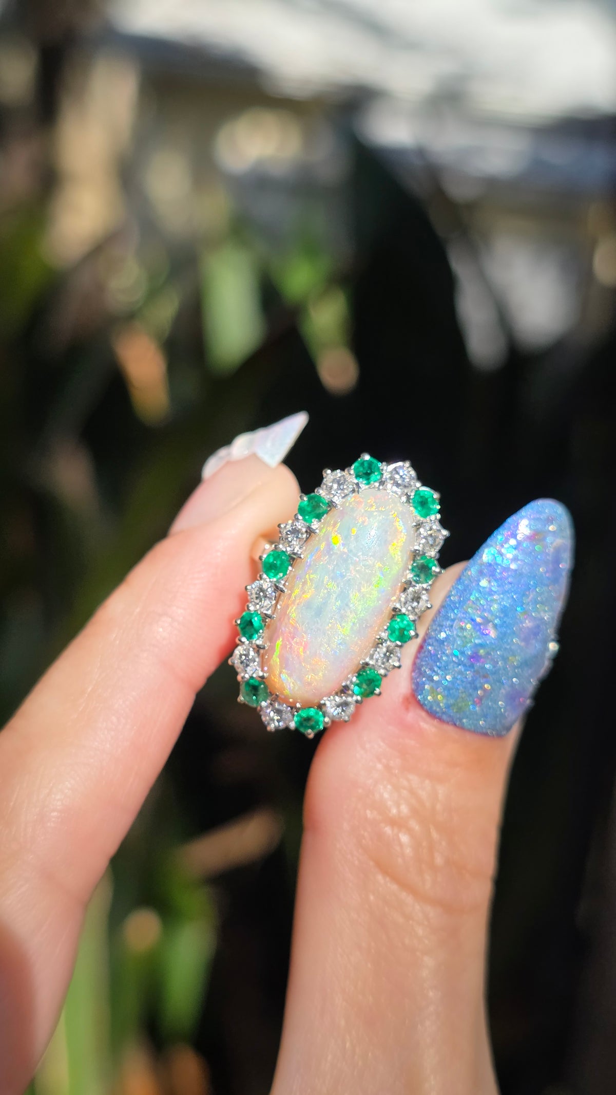14k Opal and Emerald Halo Ring