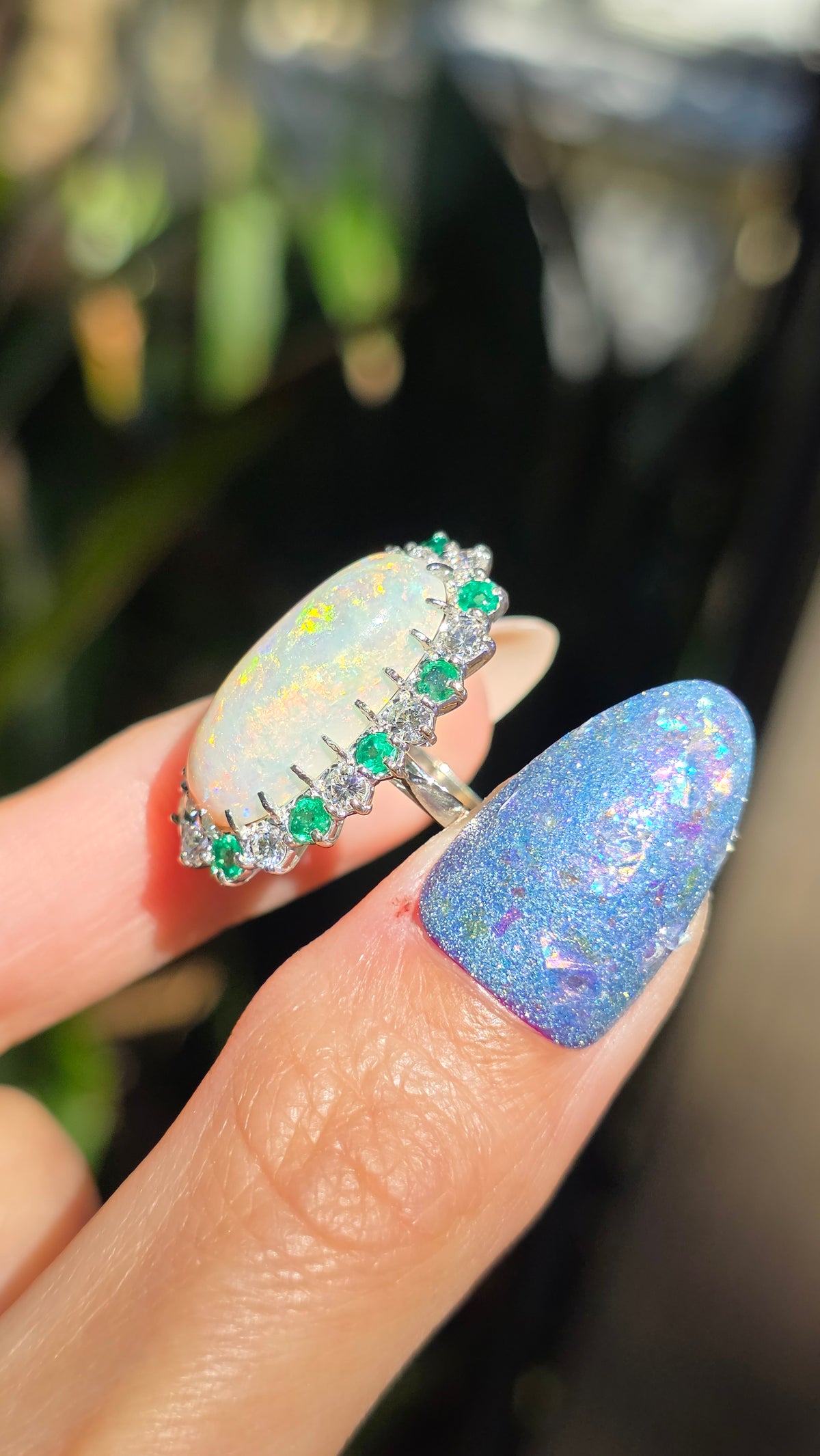14k Opal and Emerald Halo Ring