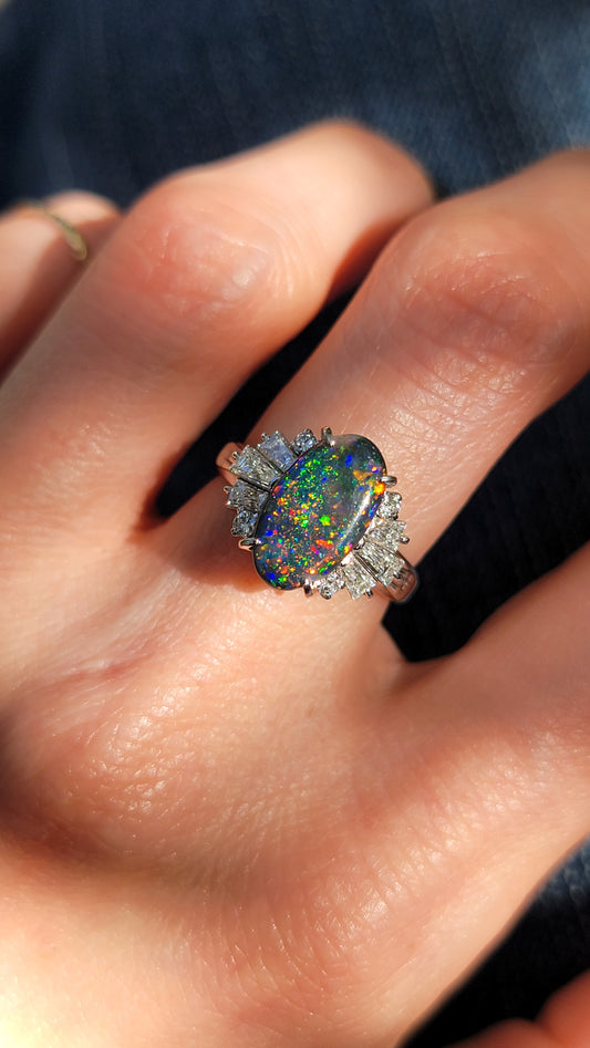 Platinum Black Opal and Diamond Ring