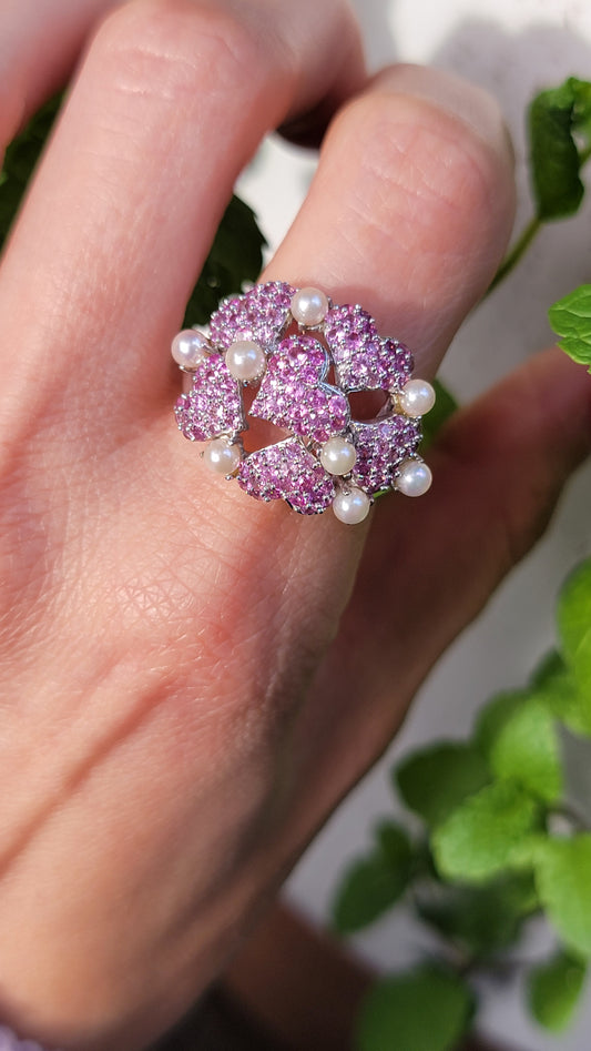 18kt White Gold Pink Sapphire and Akoya Pearl Ring