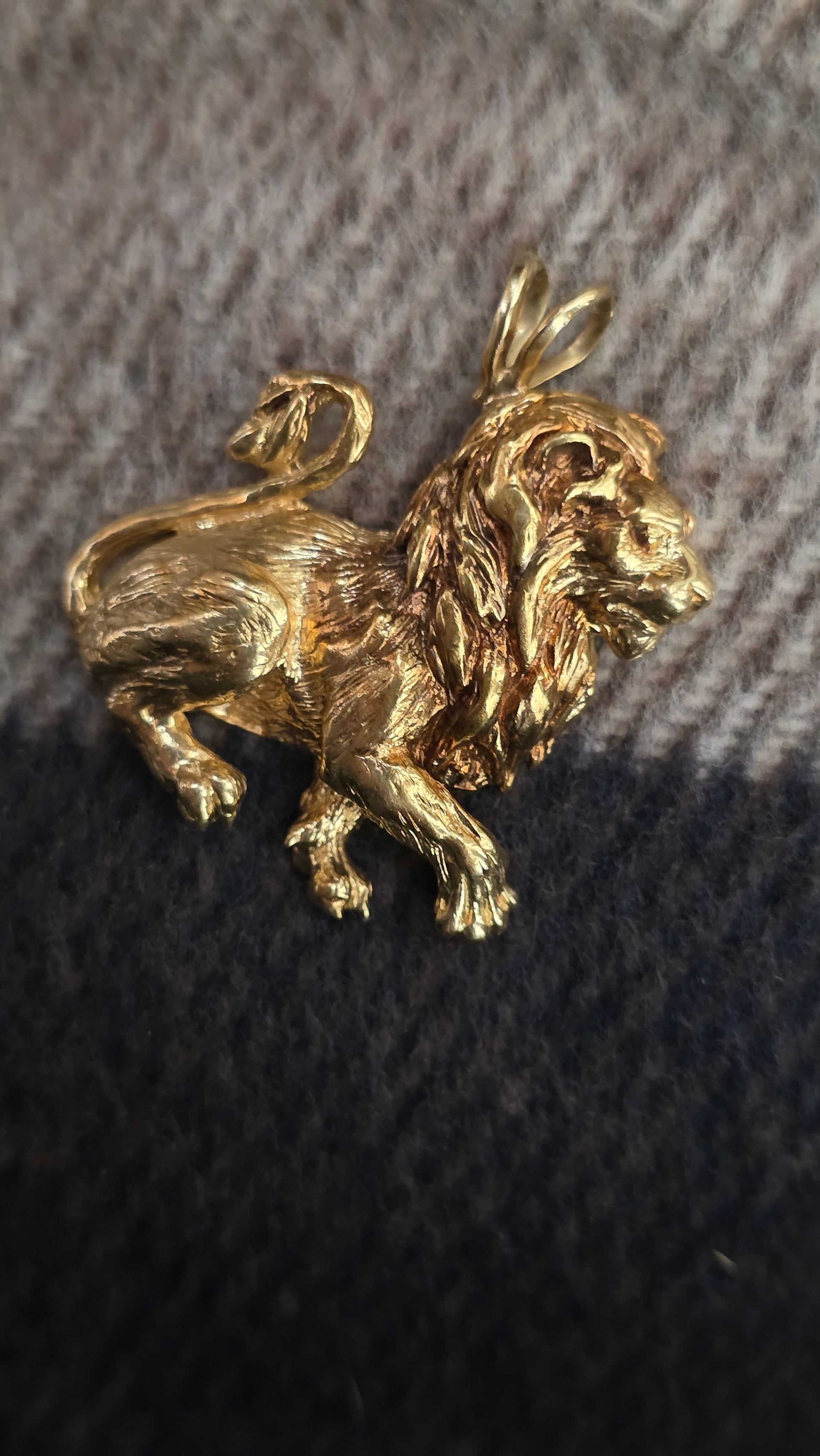 Gold lion emblem on a textured fabric background
