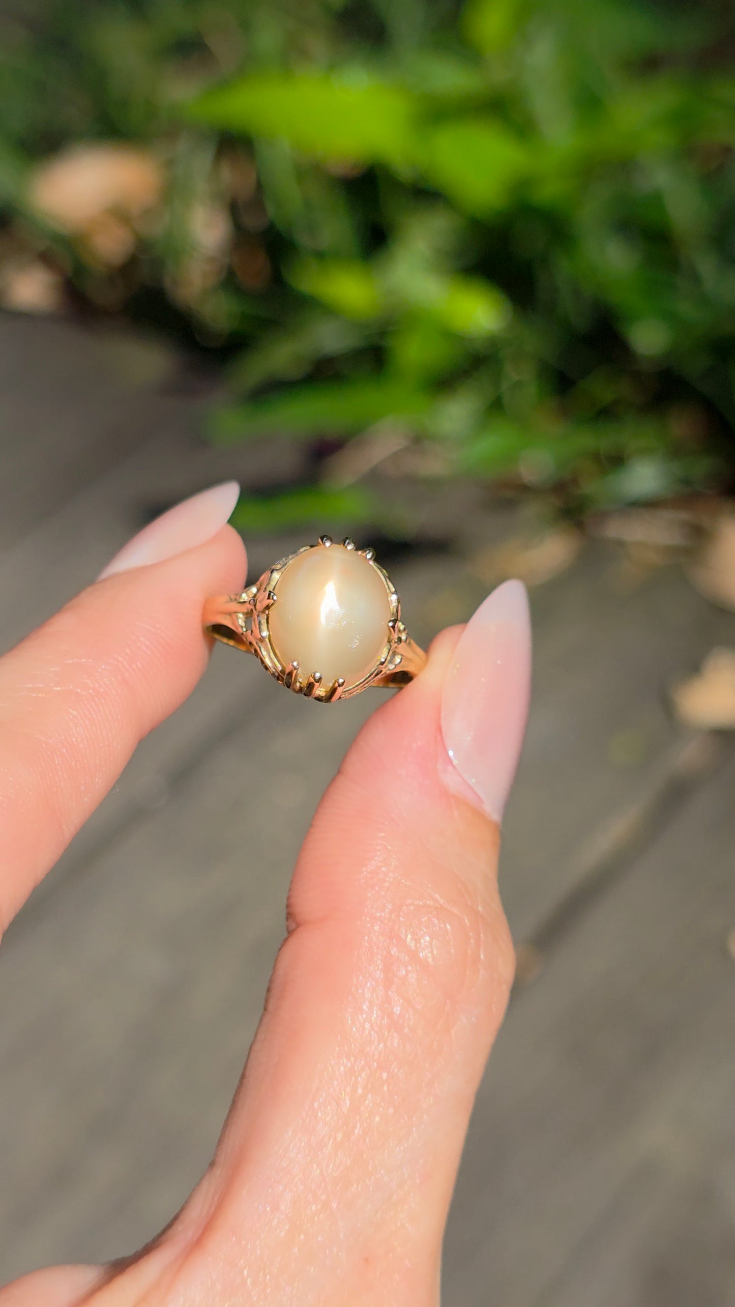 A gold ring with a large oval cream-colored stone held between fingers, with a blurred green garden background.