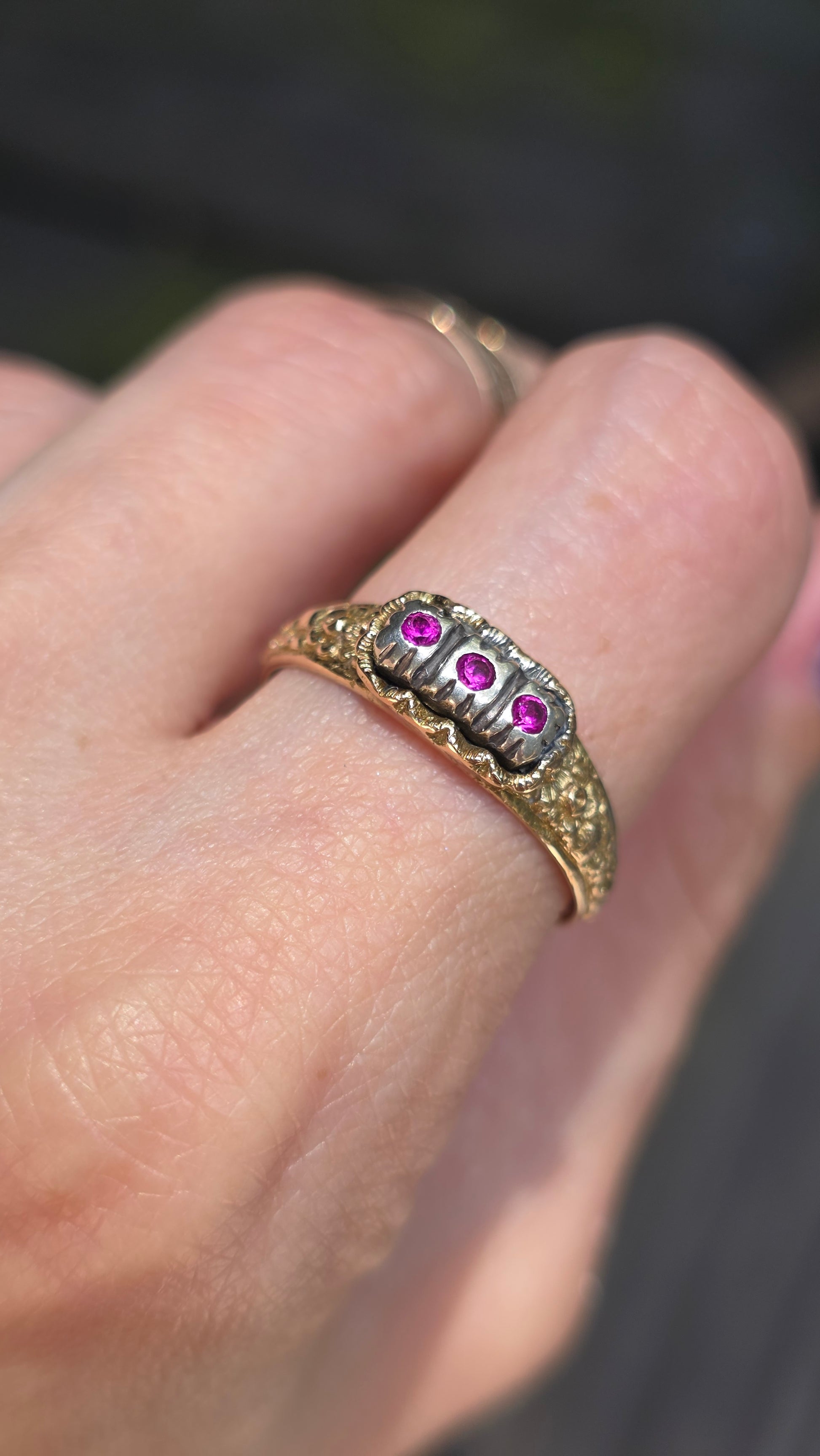 A close-up of a hand wearing a gold ring with three small pink gemstones set in a silver-toned center band.