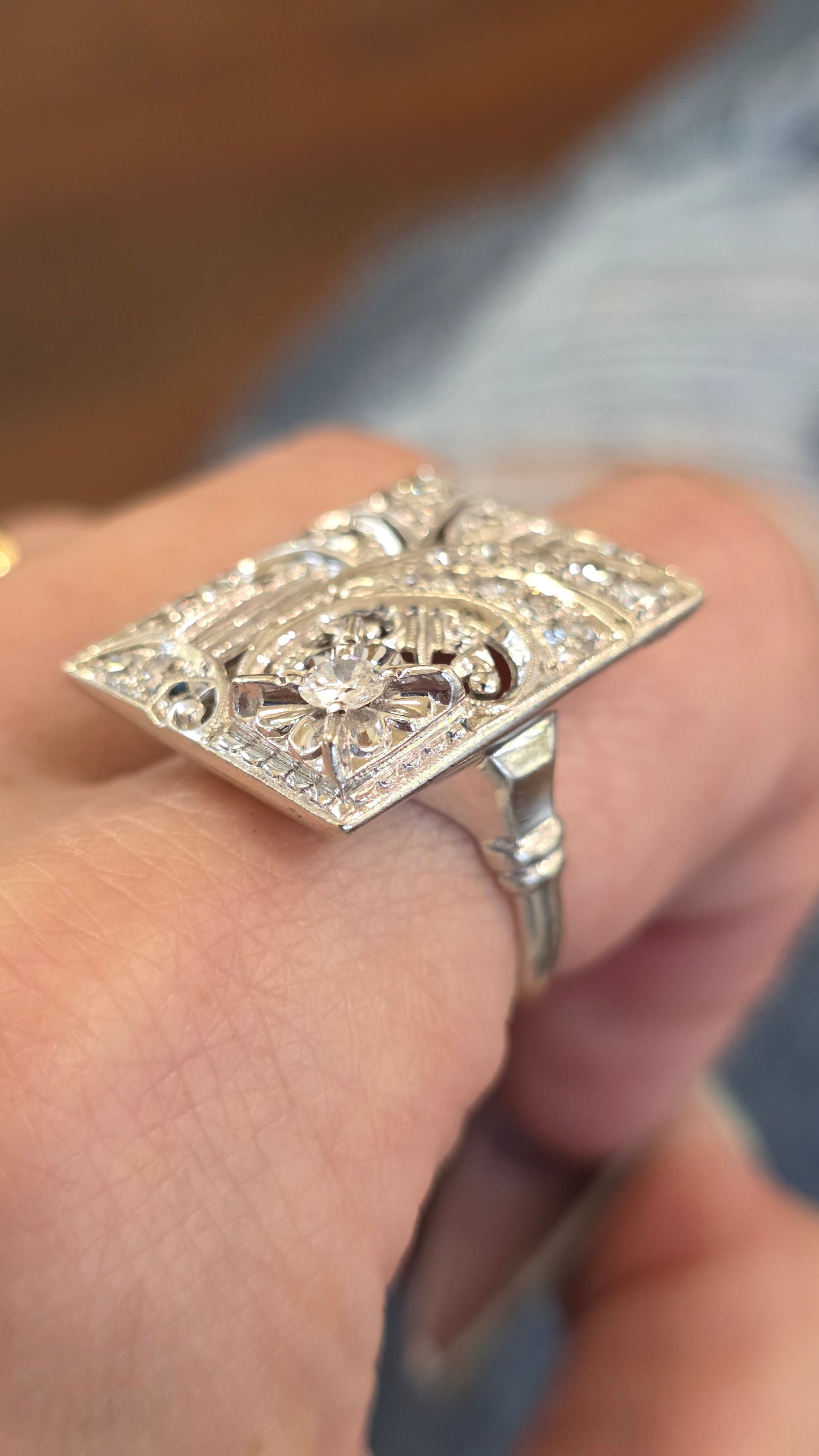 Close-up of a hand wearing a decorative white gold ring with a blurred background