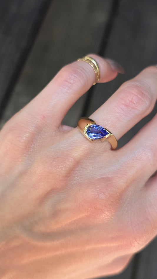 Hand wearing a gold ring with a purple gemstone on a blurred background