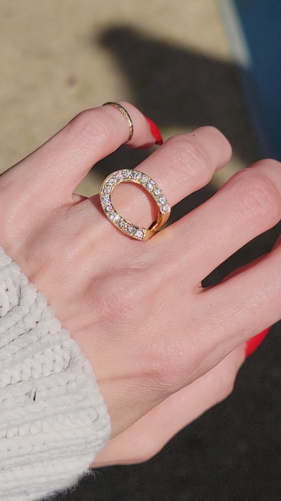 While horseshoes are often a symbol of good luck, this ring is the real deal. She began her life as a world champion and wants you to help you wherever your journey takes you. This unique horseshoe has an amazing East-West orientation that is a fun departure from the standard North-South setting. She features approx. .18ctw of sparkling diamonds. Let luck be your lady tonight. She's from the city that never sleeps so don't be caught sleeping on this one!