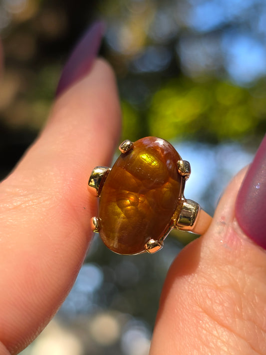 Fire Agate ring held between fingers with a blurred natural background