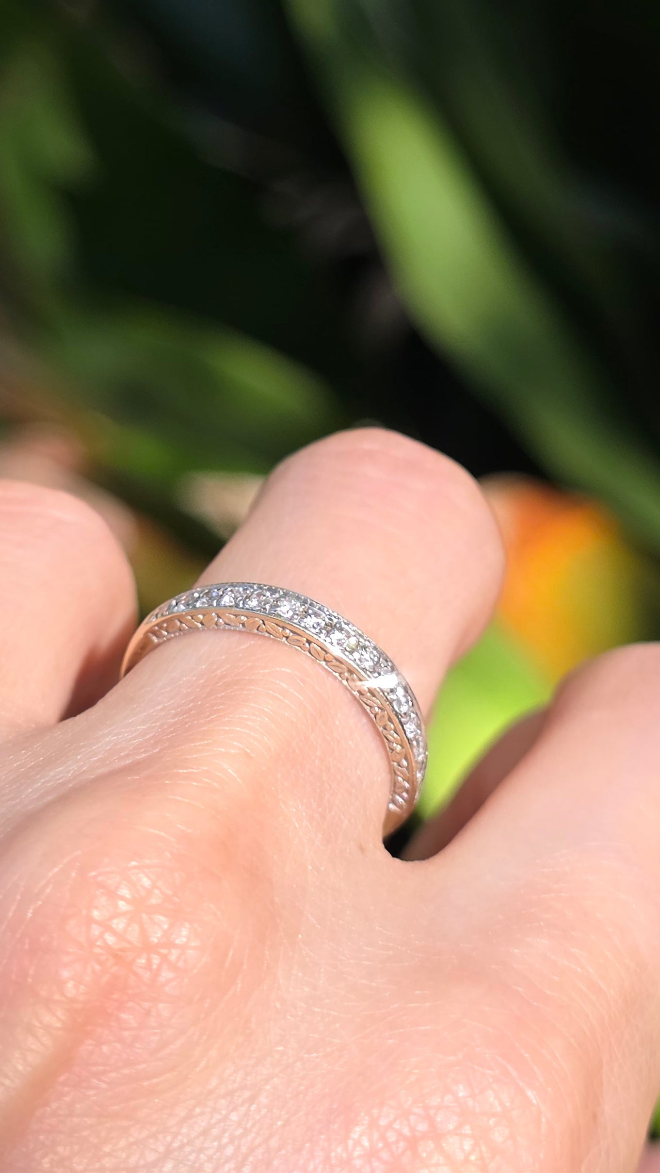 14k Engraved Diamond Band Ring