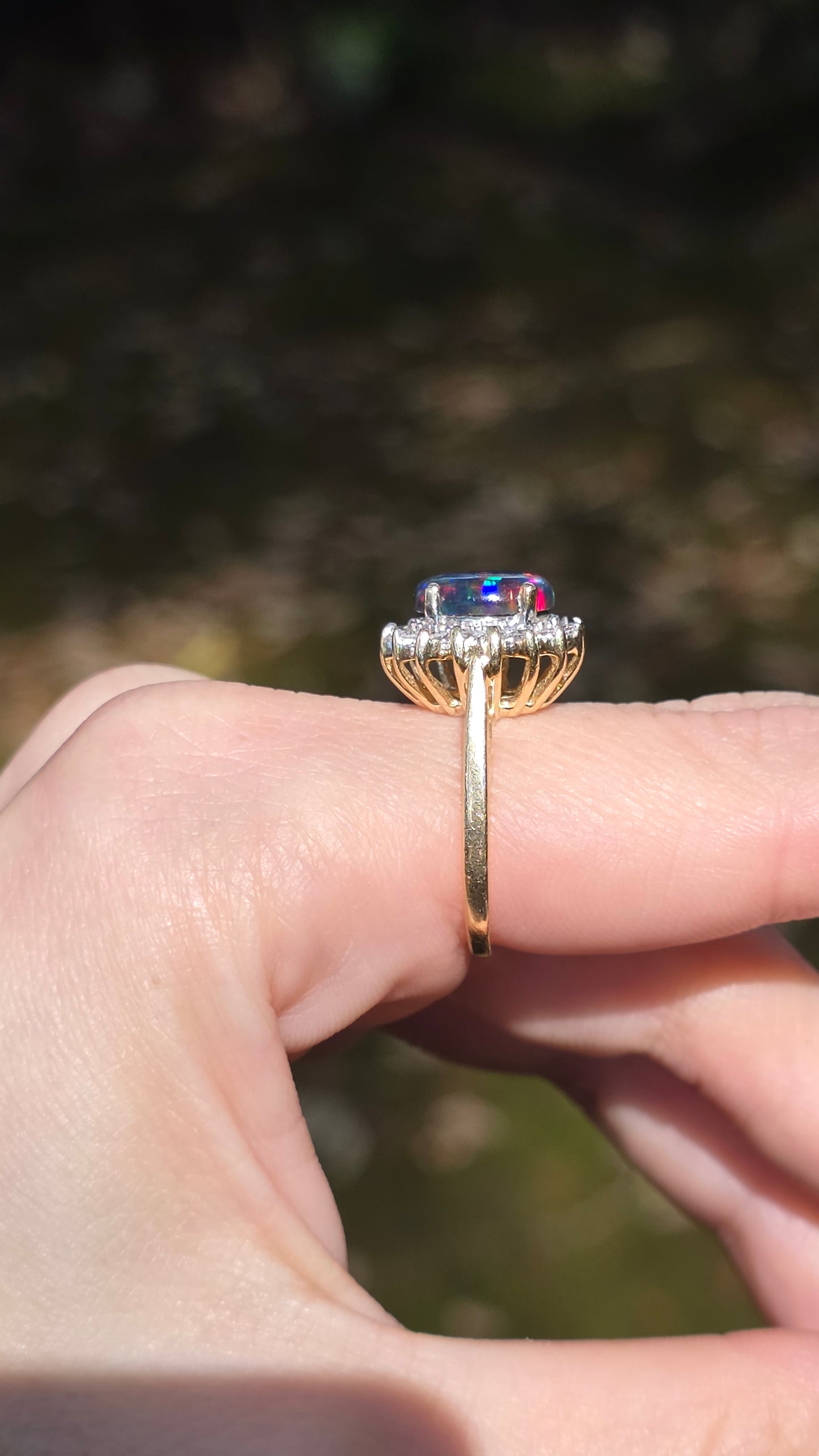 Vintage 14k Gold Black Opal & Diamond Halo Ring
