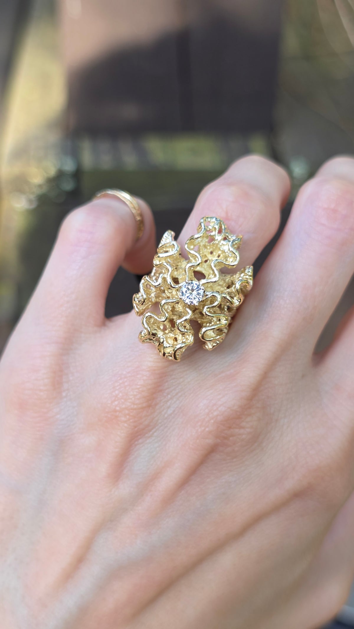 14k Brutalist Gold and Diamond Ring