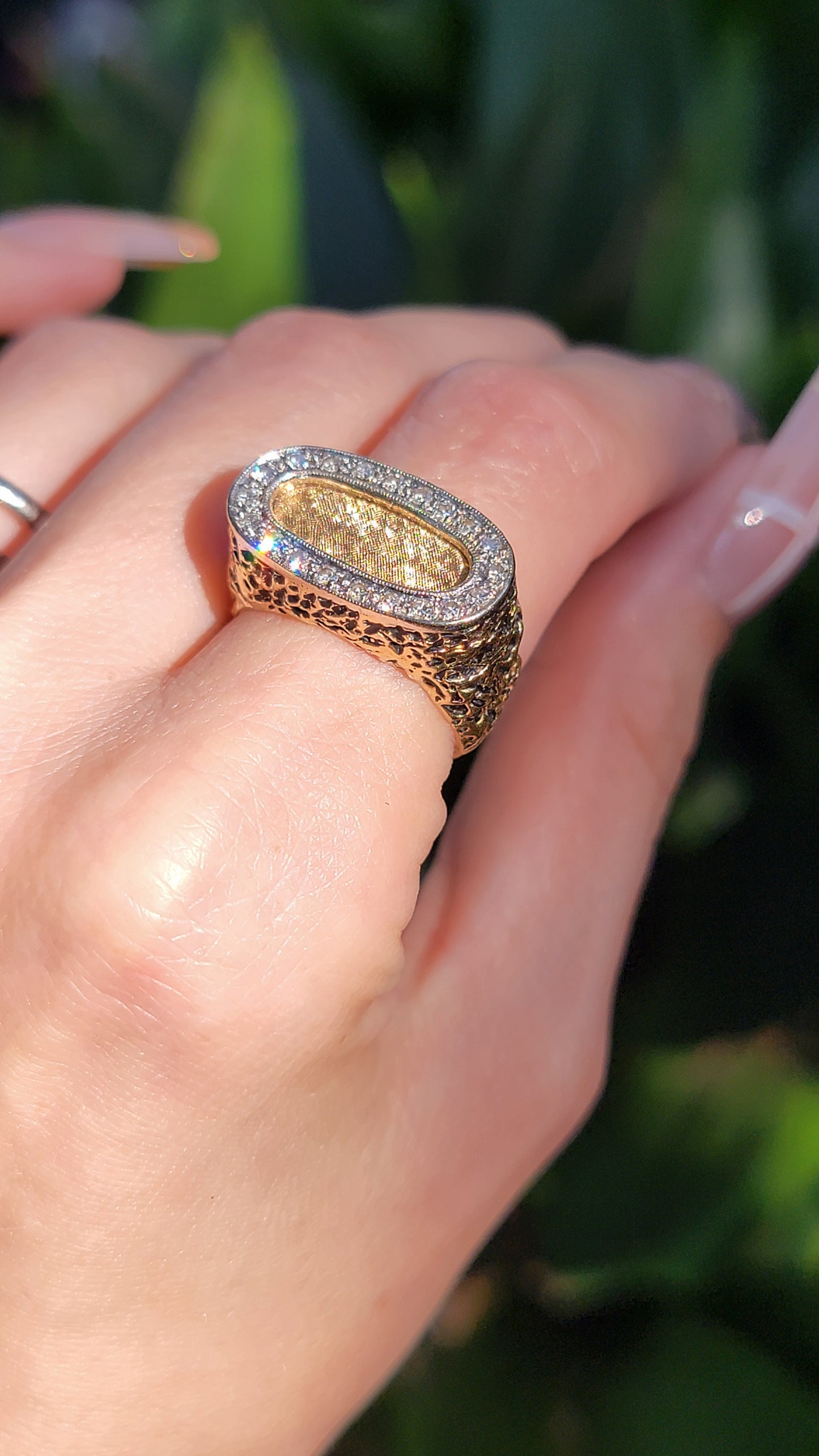 14k Wide Textured Diamond Signet Ring
