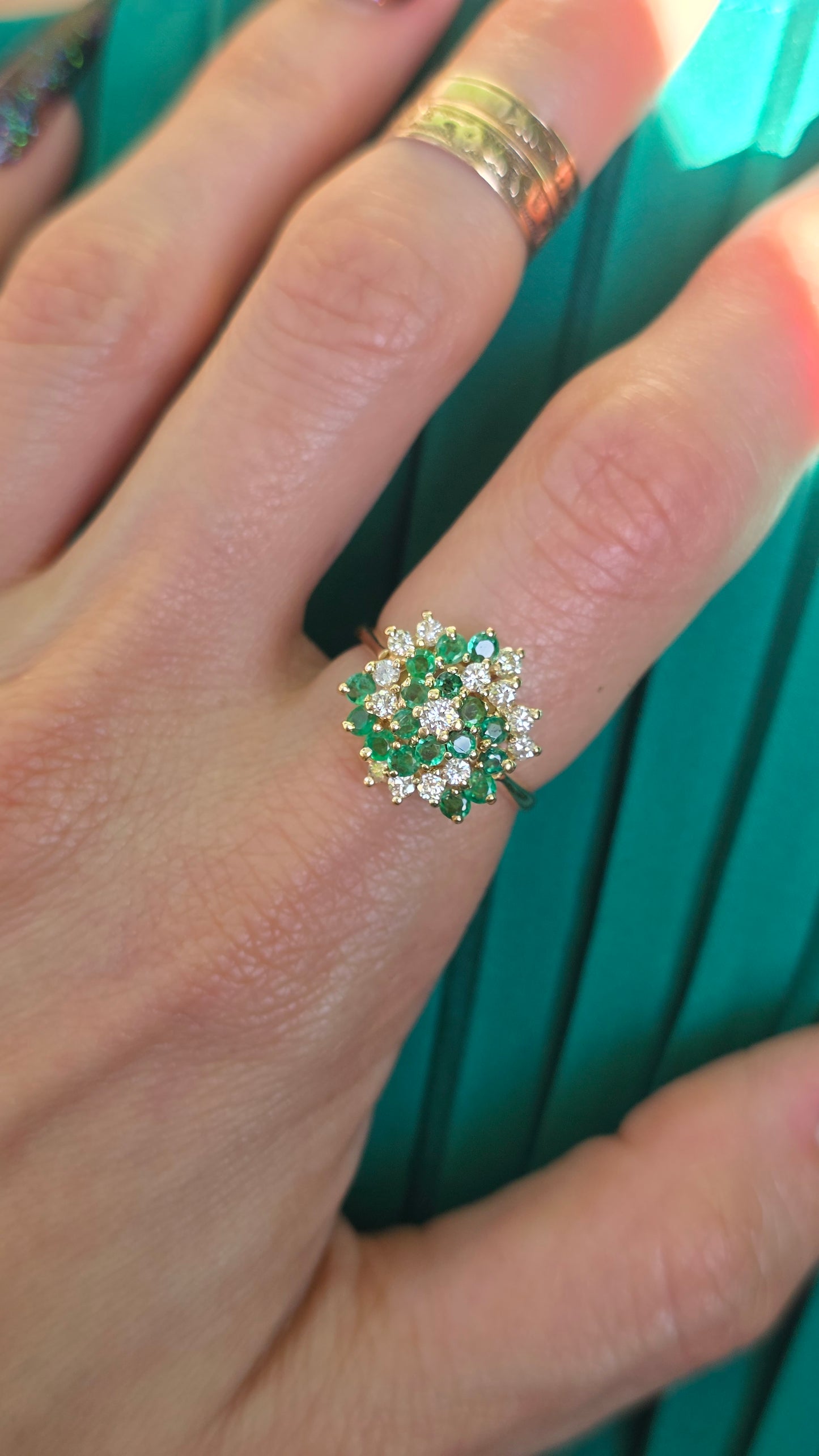 14k Emerald and Diamond Swirl Ring