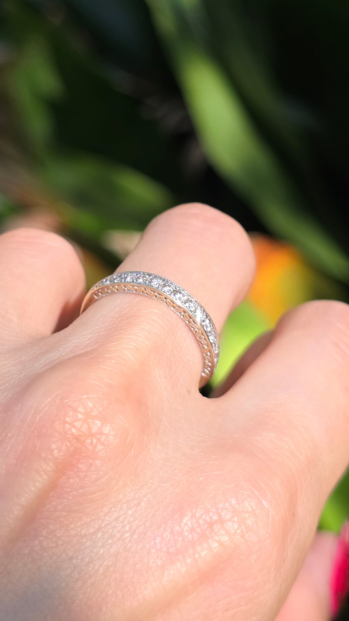 14k Engraved Diamond Band Ring
