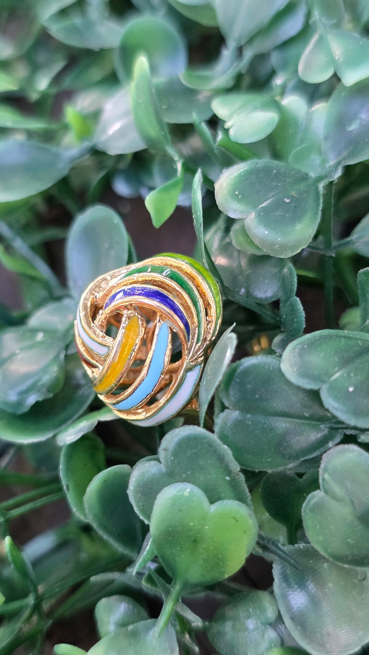 A close-up of a gold-plated ring with colorful enamel details in blue, yellow, and white, nestled among green heart-shaped leaves.