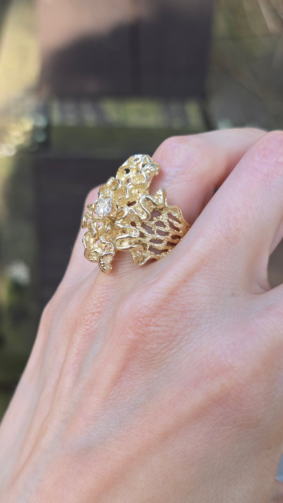 14k Brutalist Gold and Diamond Ring