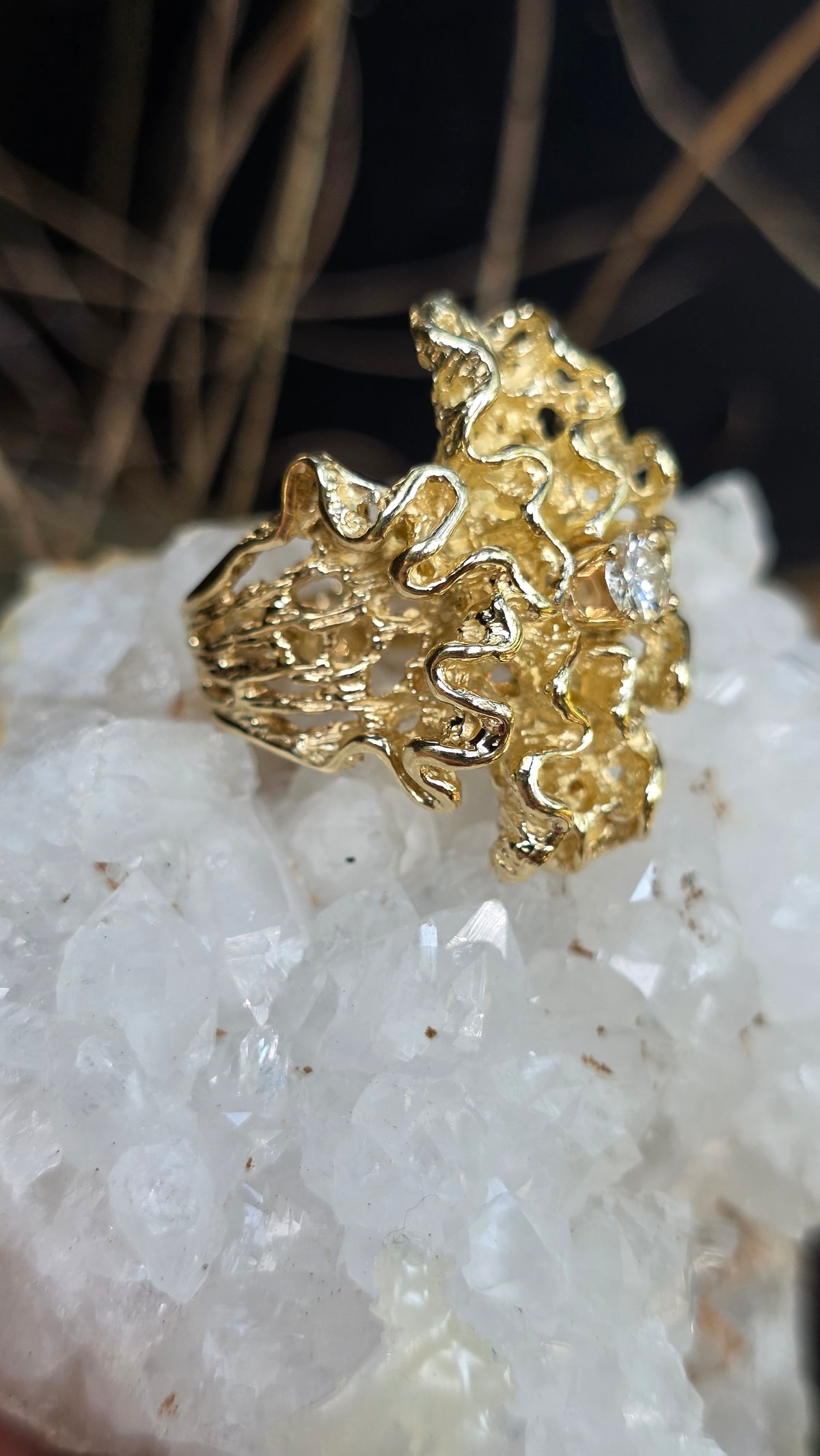 14k Brutalist Gold and Diamond Ring