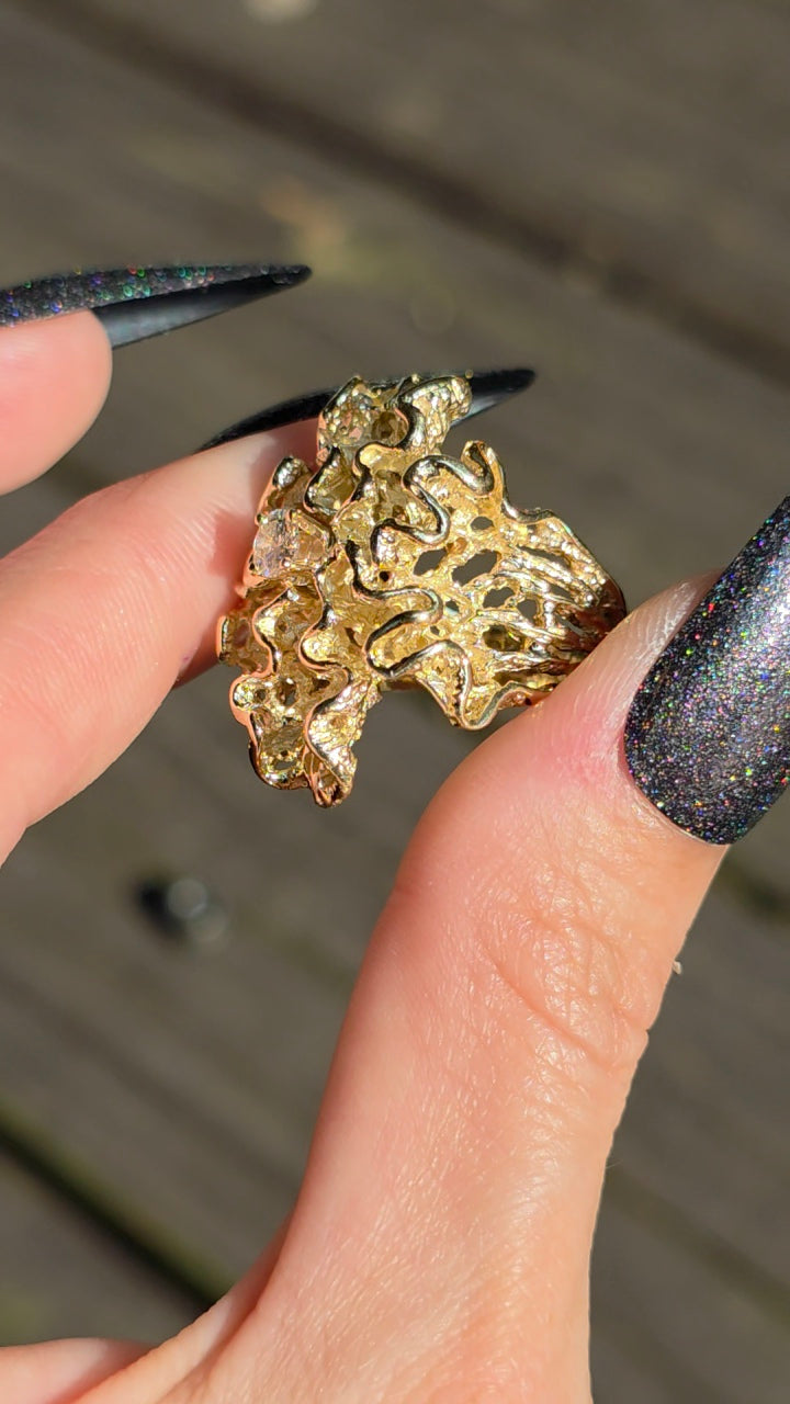 14k Brutalist Gold and Diamond Ring