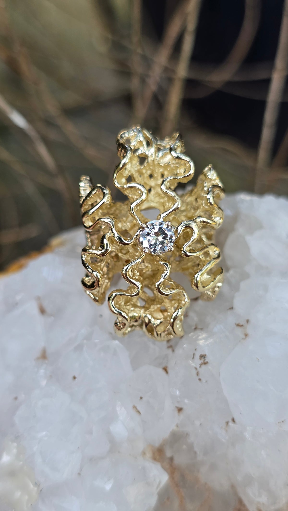 14k Brutalist Gold and Diamond Ring
