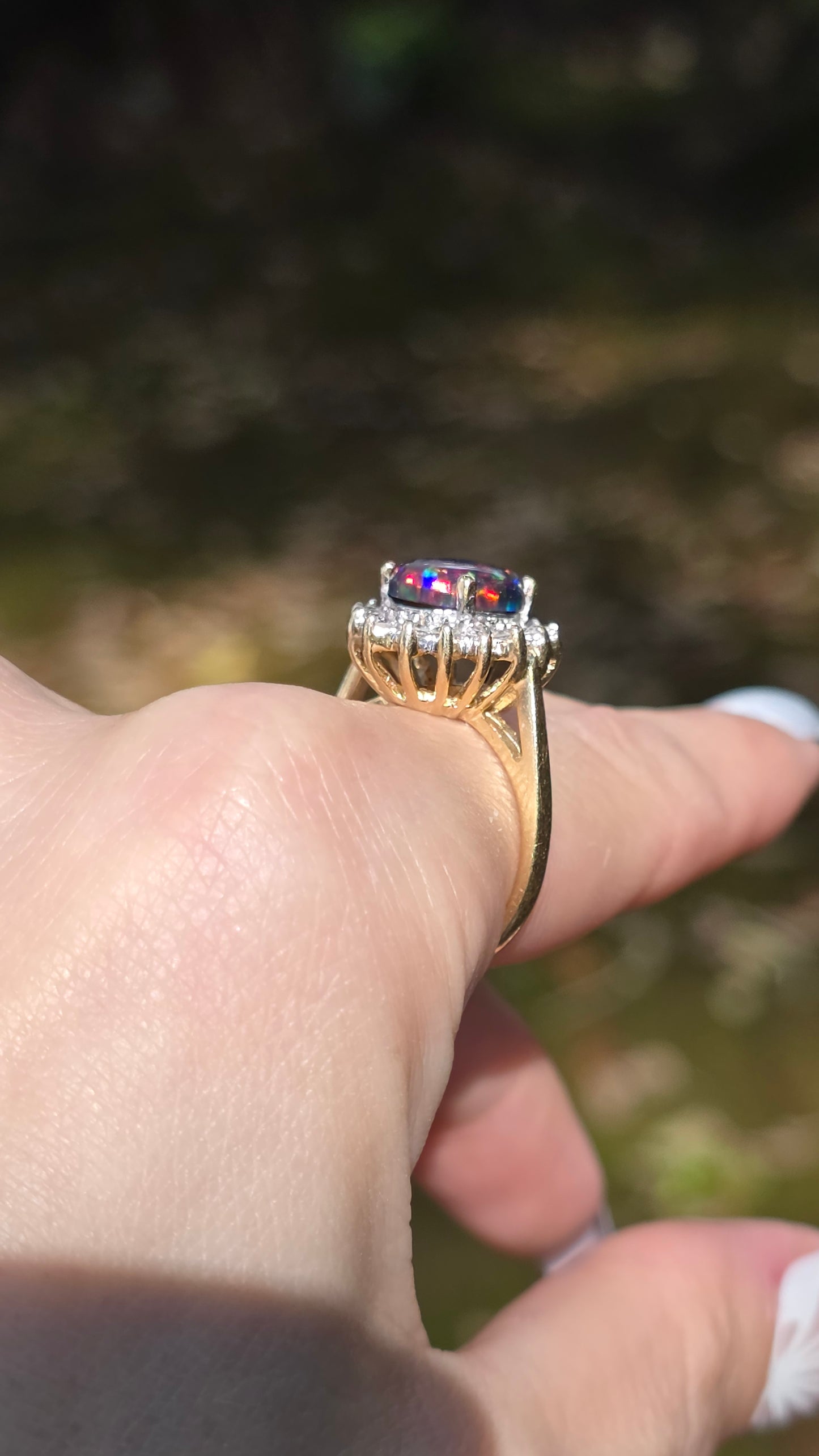 Vintage 14k Gold Black Opal & Diamond Halo Ring