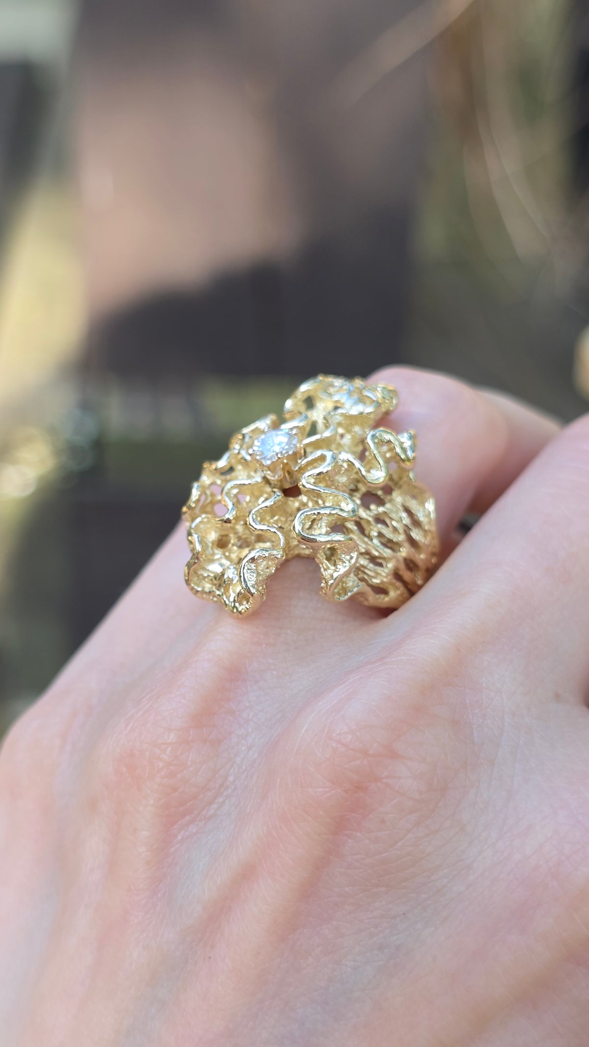 14k Brutalist Gold and Diamond Ring