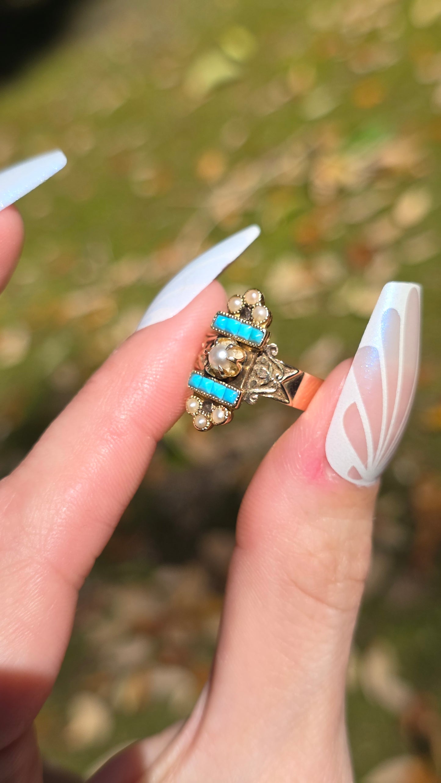 14k Victorian Turquoise and Pearl Ring