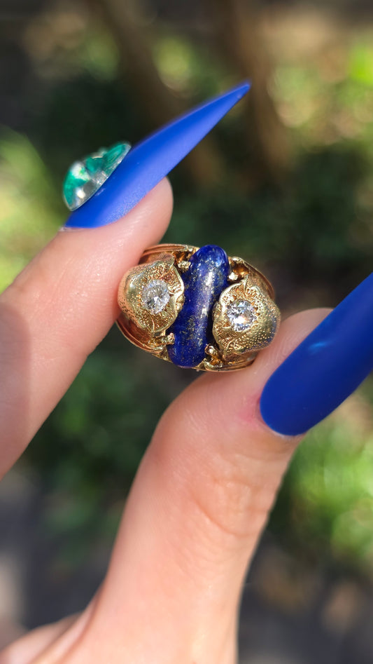 14k Lapis and Diamond Scarab Ring