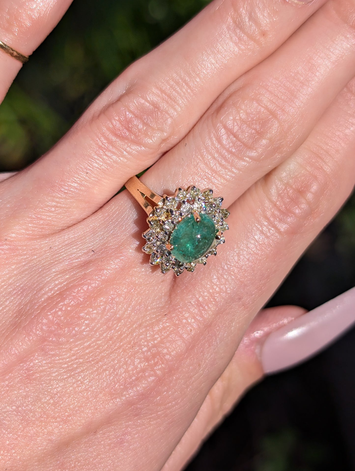 14k Emerald and Diamond Halo Ring