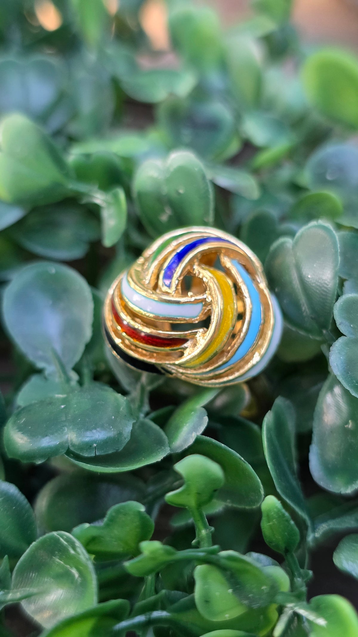 A gold-plated ring featuring a knotted rope design with colorful enamel stripes of blue, white, red, and yellow, resting on a bed of green leaves.