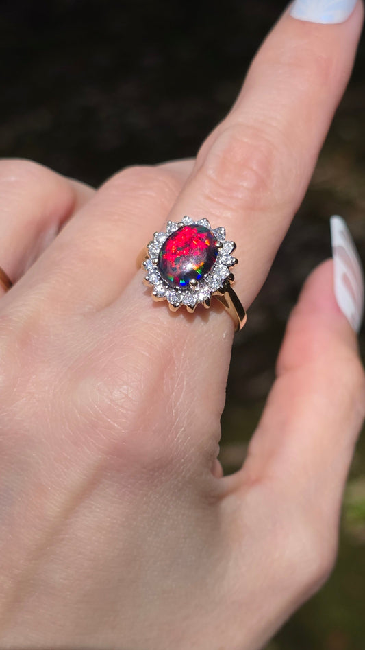 Vintage 14k Gold Black Opal & Diamond Halo Ring