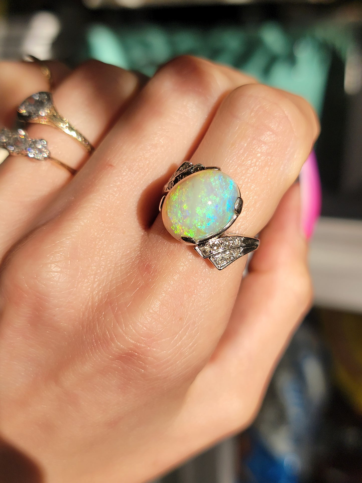 Vintage 14Kt Gold Opal Cabochon and Diamond Ring