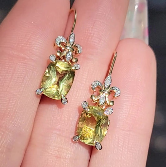 14kt Gold Citrine Earrings with Fleur-de-Lis and Diamond Accents